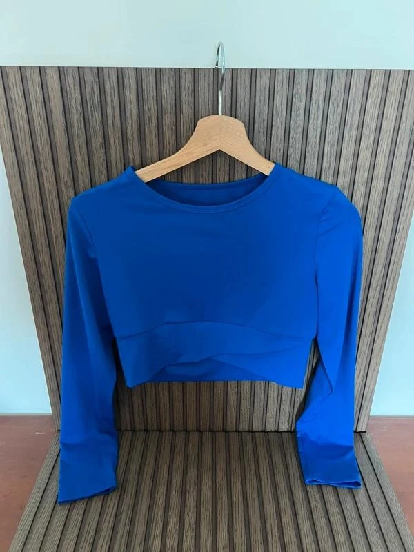 Crop Top Desportivo de Manga Comprida Azul Elétrico